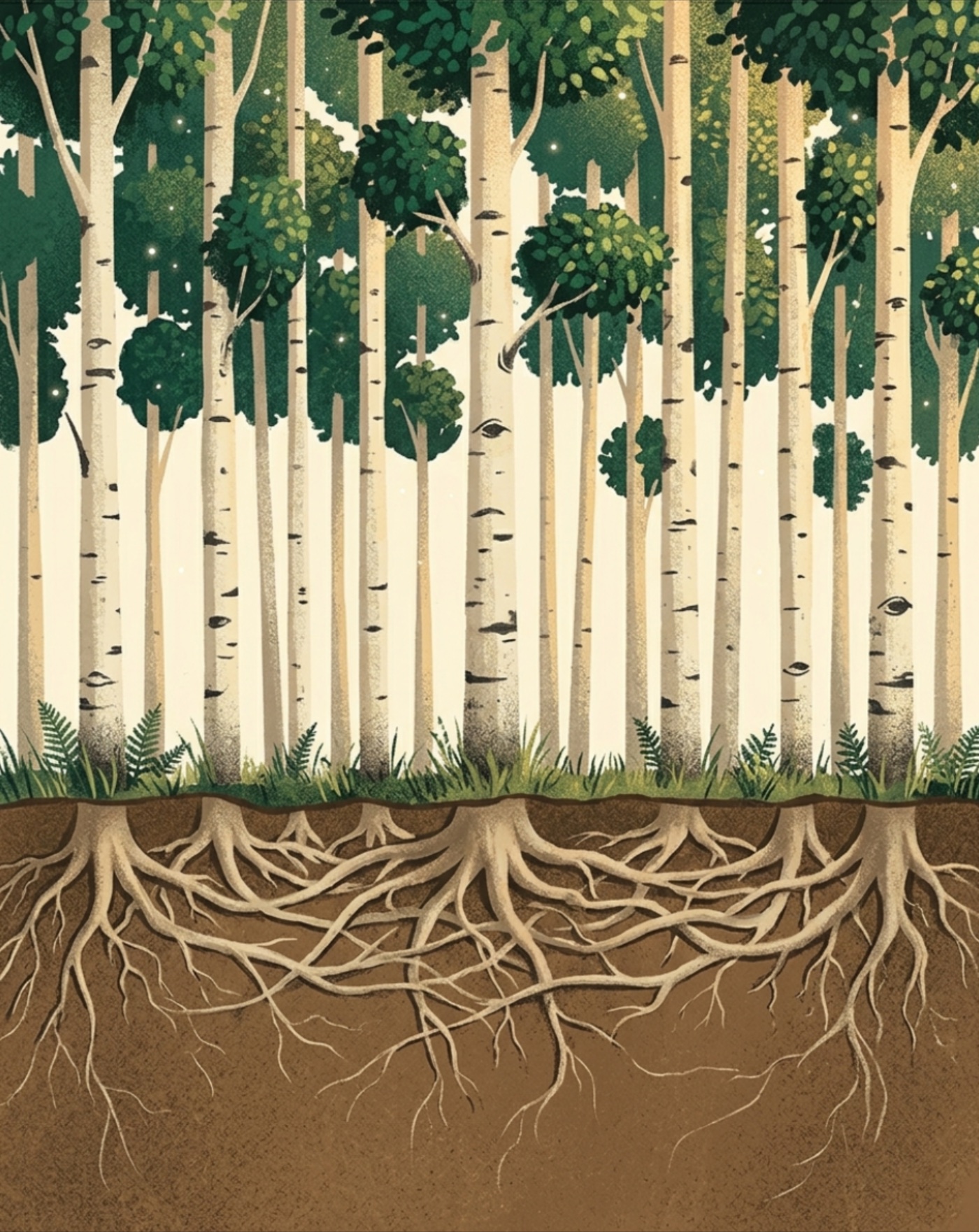 A grove of aspens above ground, their roots joined beneath it