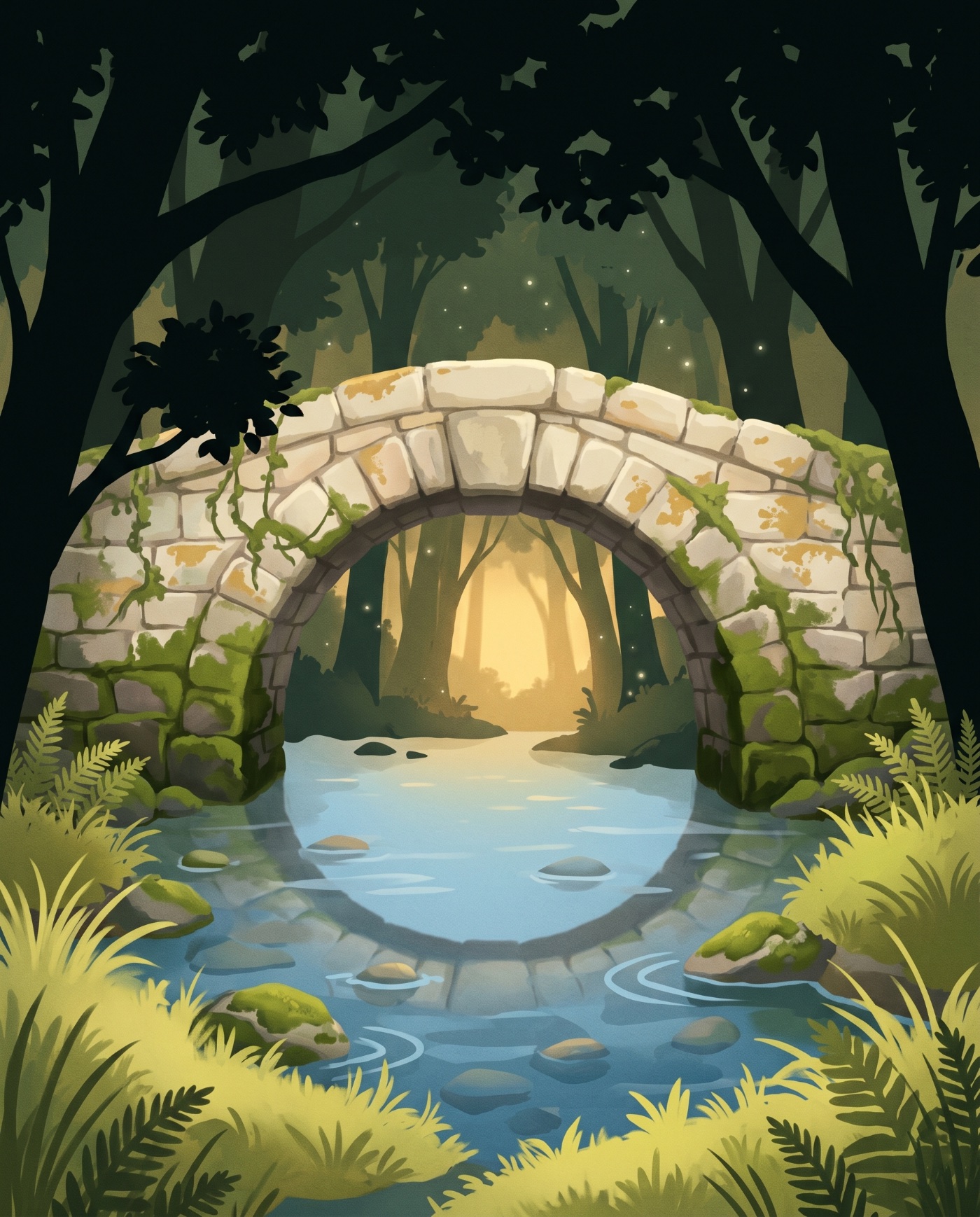 An old stone bridge crossing a stream in a quiet forest