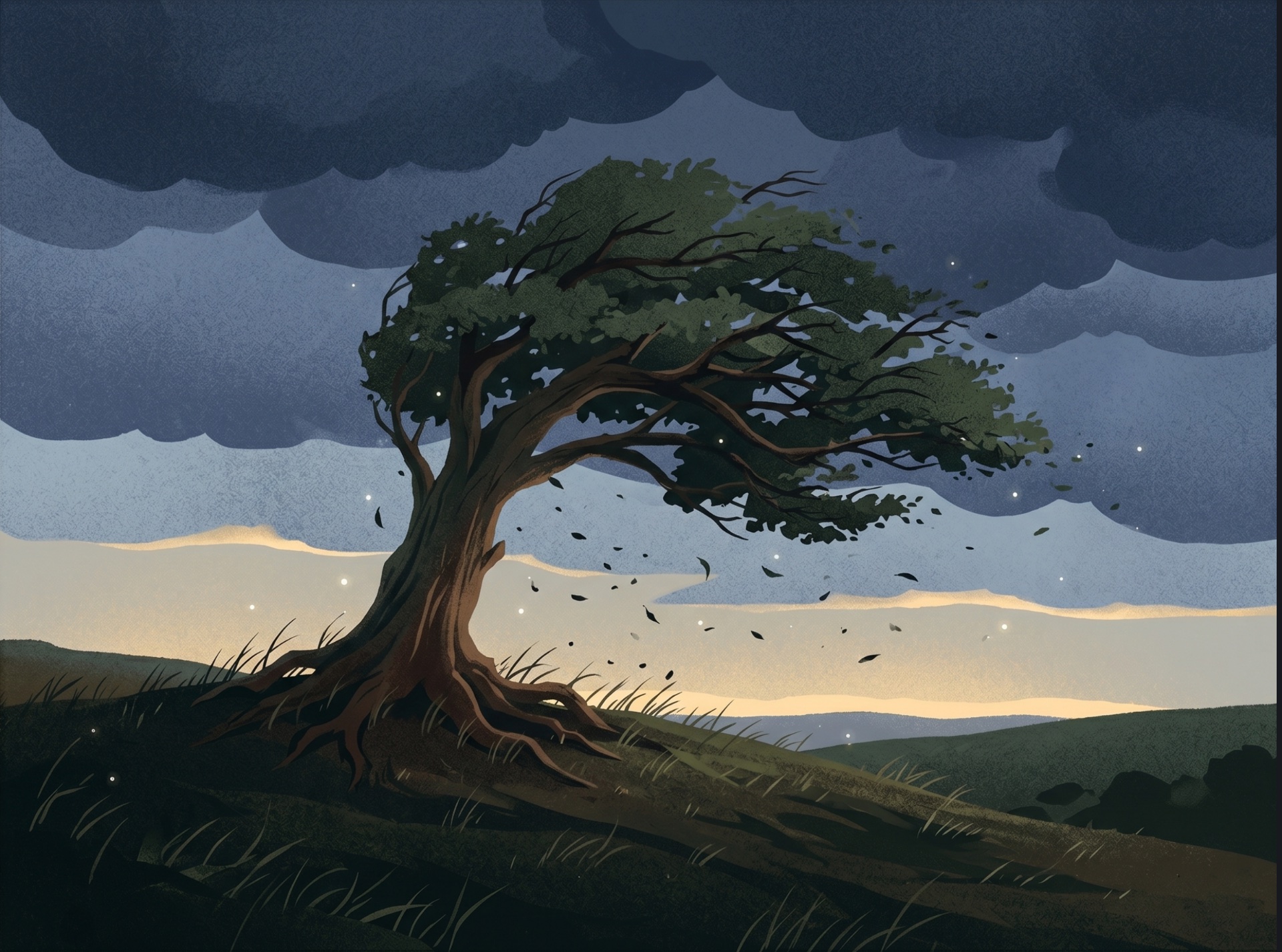 A lone tree standing firm against a storm