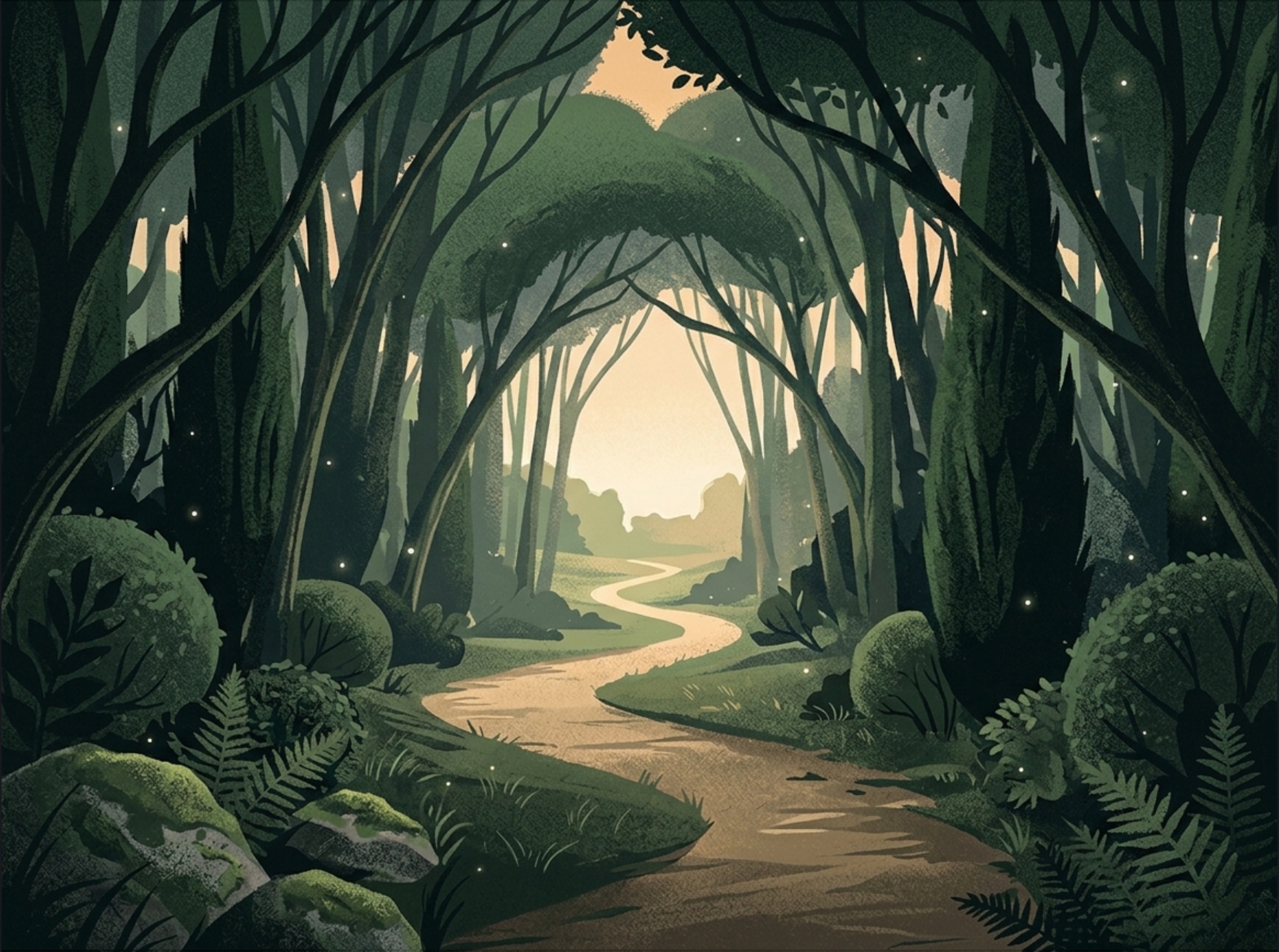 A forest path bending toward the light